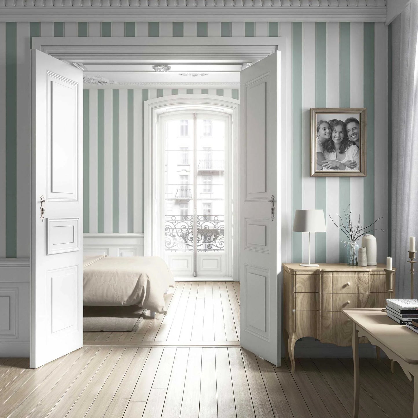 Kensington Stripe Wallpaper - Sage Drawing Room