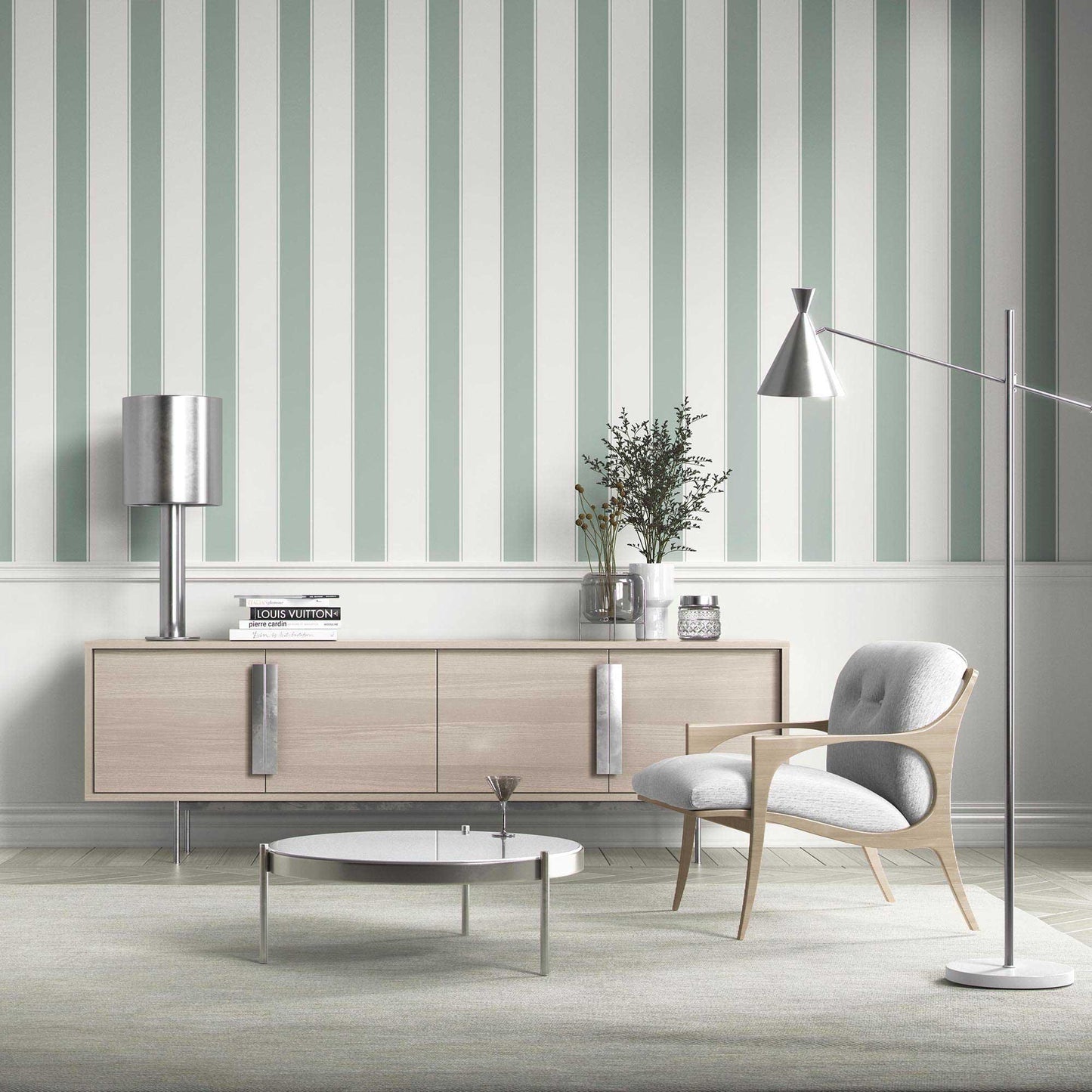 Kensington Stripe Wallpaper - Sage Drawing Room