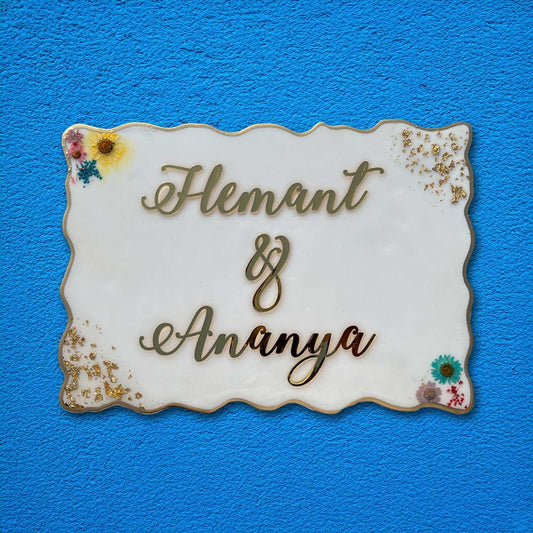 Floral Bliss - White Resin Nameplate with Pressed Flowers
