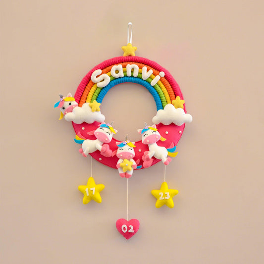 Rainbow and Unicorn Macrame Name Plate for Children