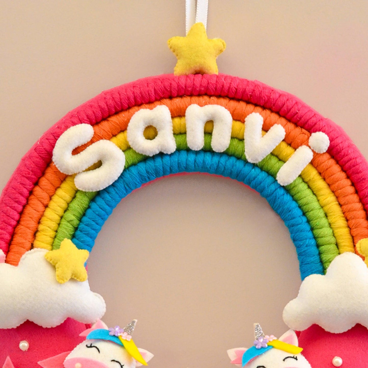 Rainbow and Unicorn Macrame Name Plate for Children