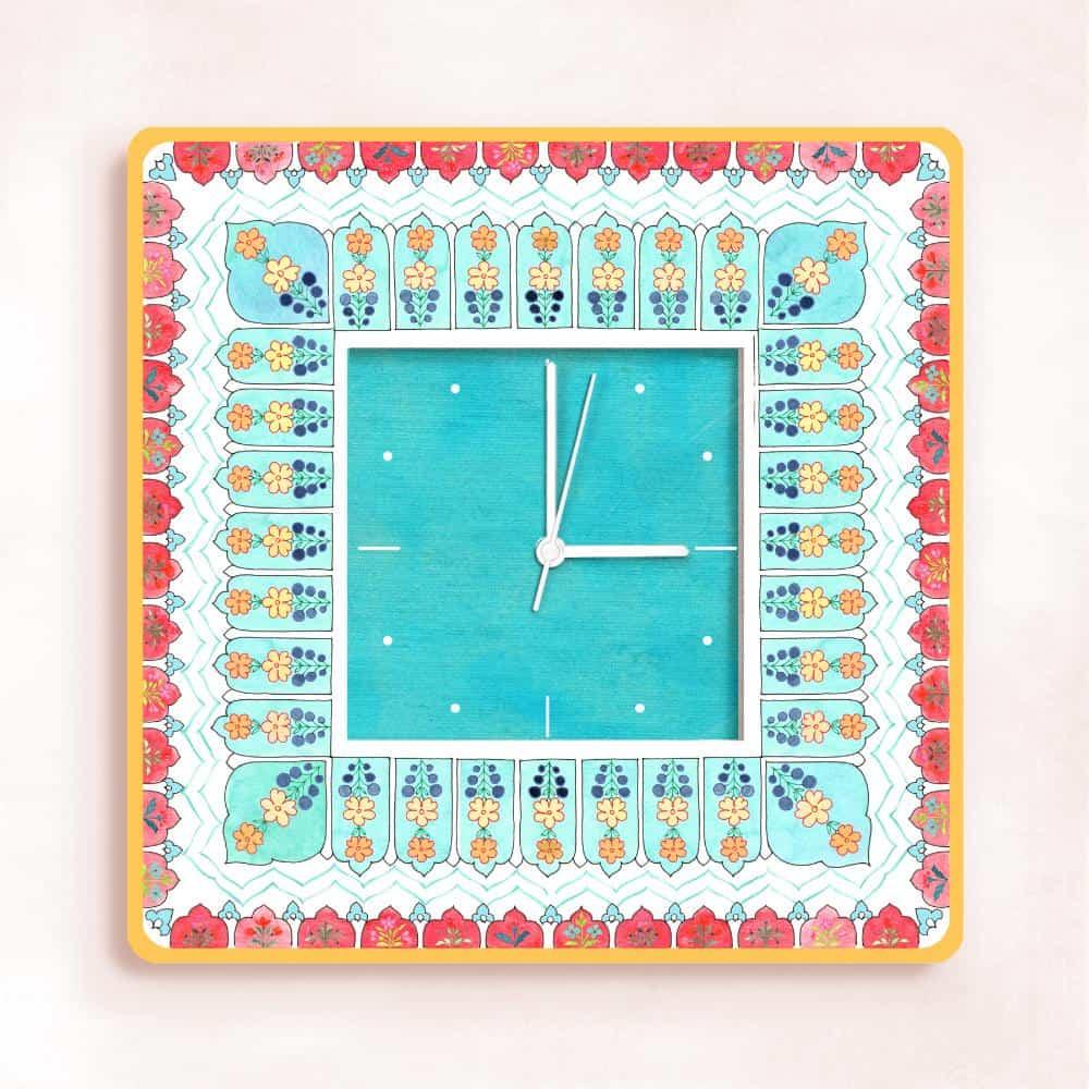 Patterns Wall Clock - Teal & Red - Square