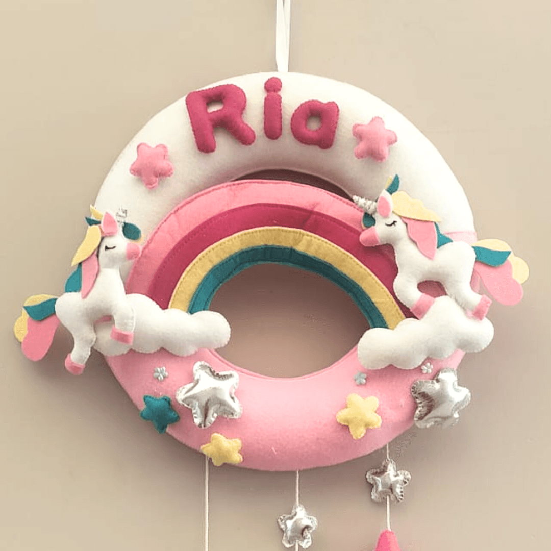 Unicorns with Rainbow & Stars - Felt Name Plate for Children