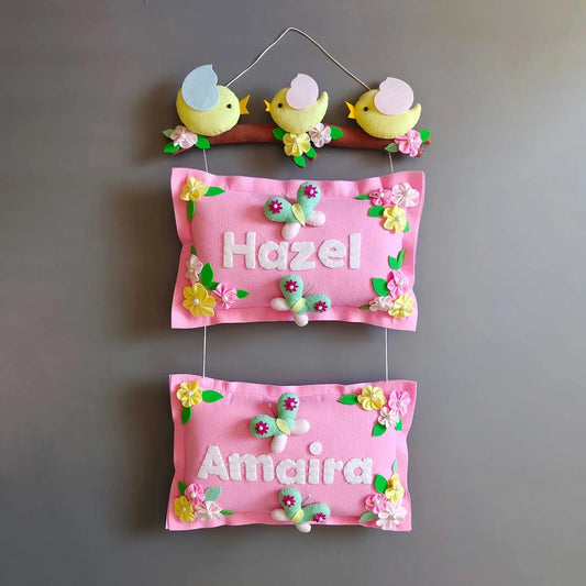 Bird Family with Two Pillows - Felt Name Plate for Siblings