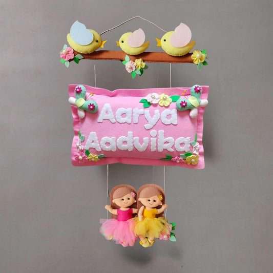Bird Family with Siblings on Swing - Felt Pillow Name Plate