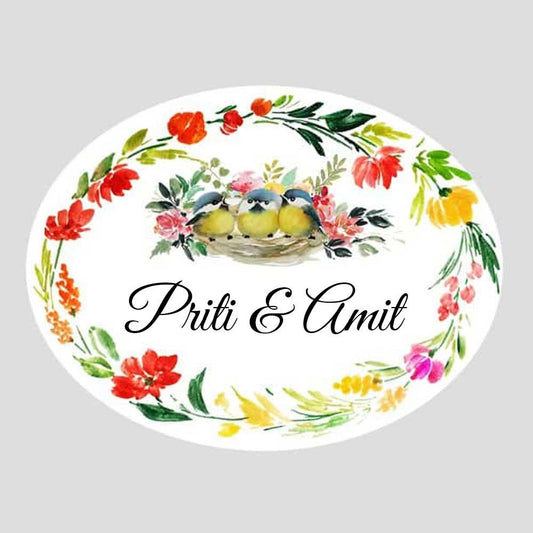 Birds - Hand-painted Floral Nameplate - Oval