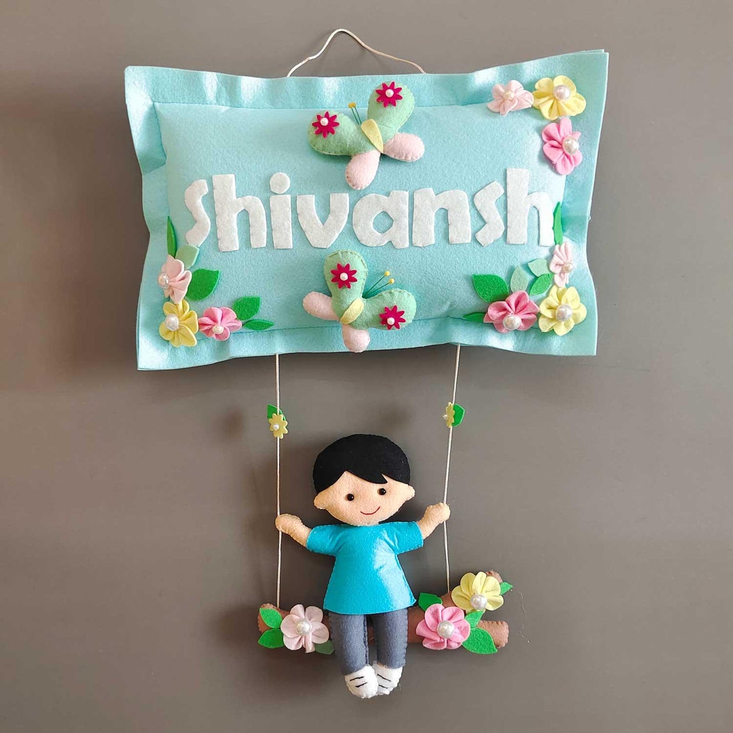 Boy on Swing - Felt Pillow Name Plate for Boys