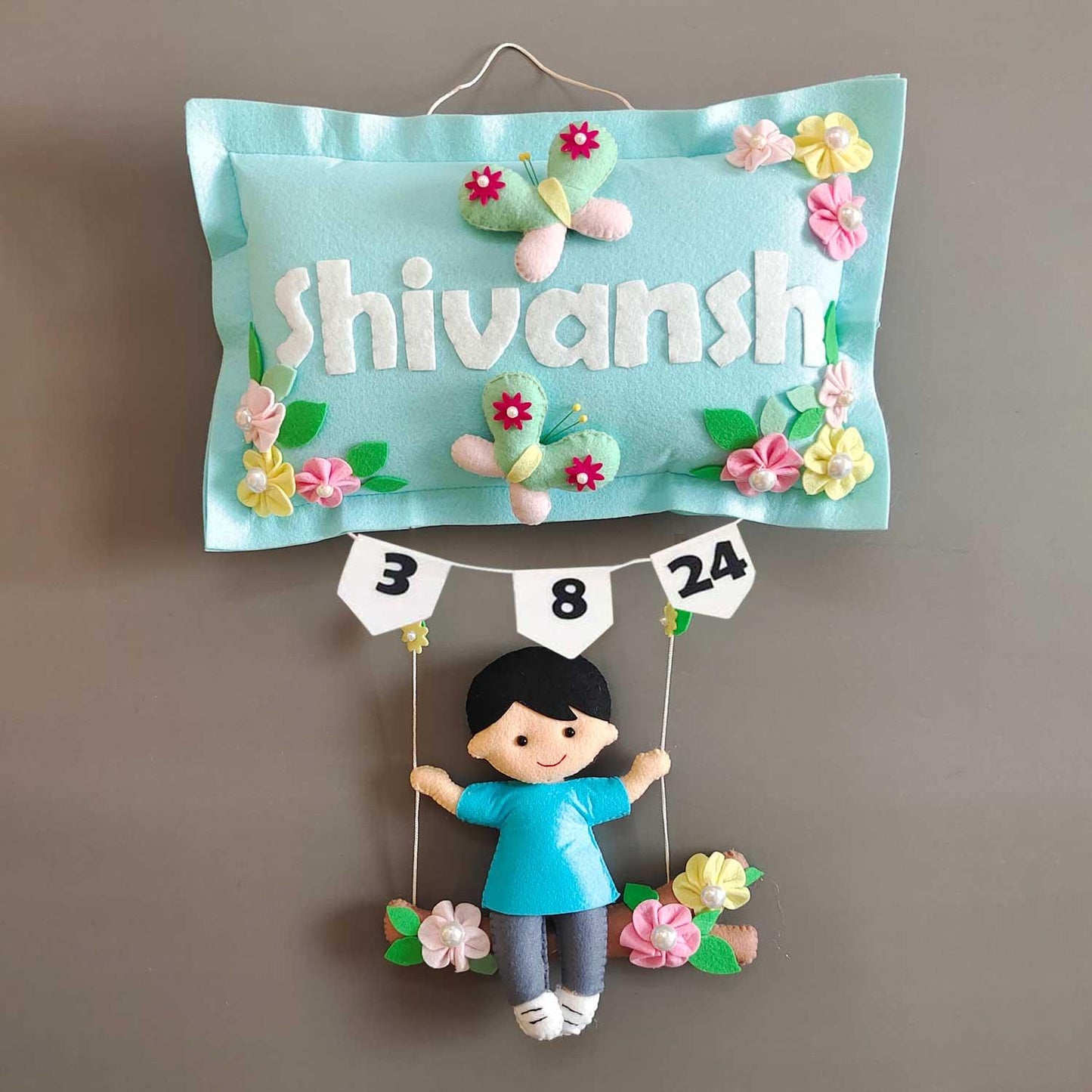 Boy on Swing - Felt Pillow Name Plate for Boys