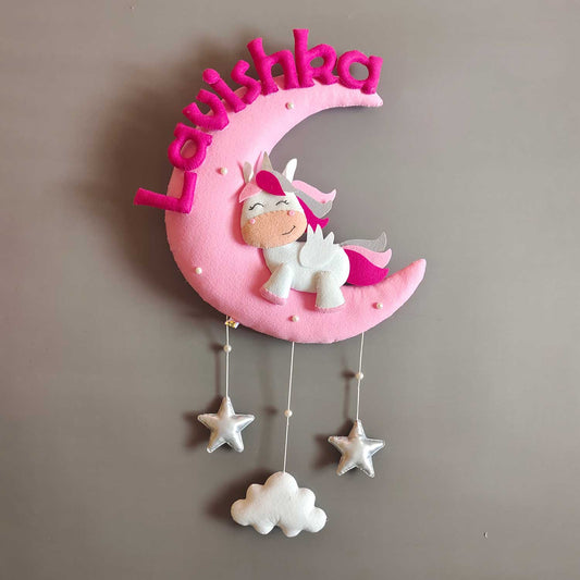 Cute Unicorn on the Moon - Felt Name Plate