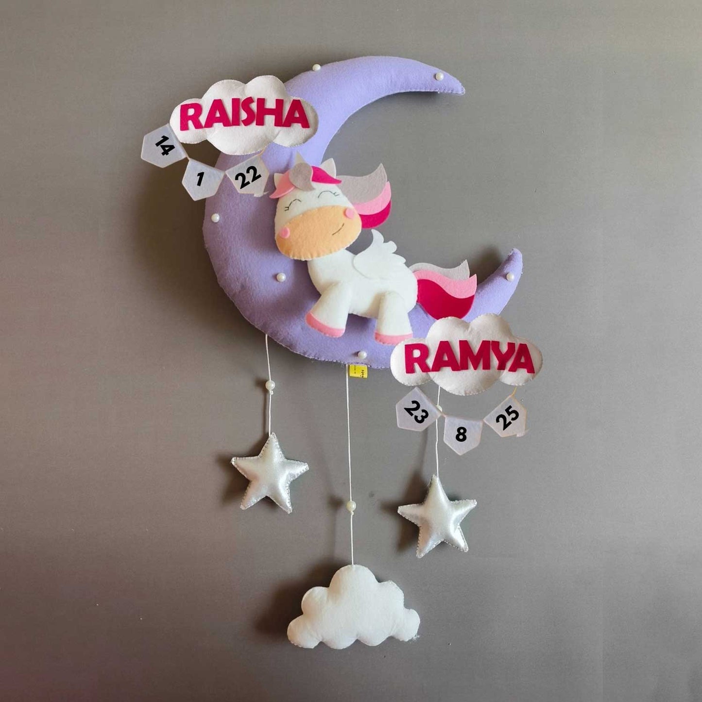 Cute Unicorn on the Moon - Felt Name Plate for Siblings