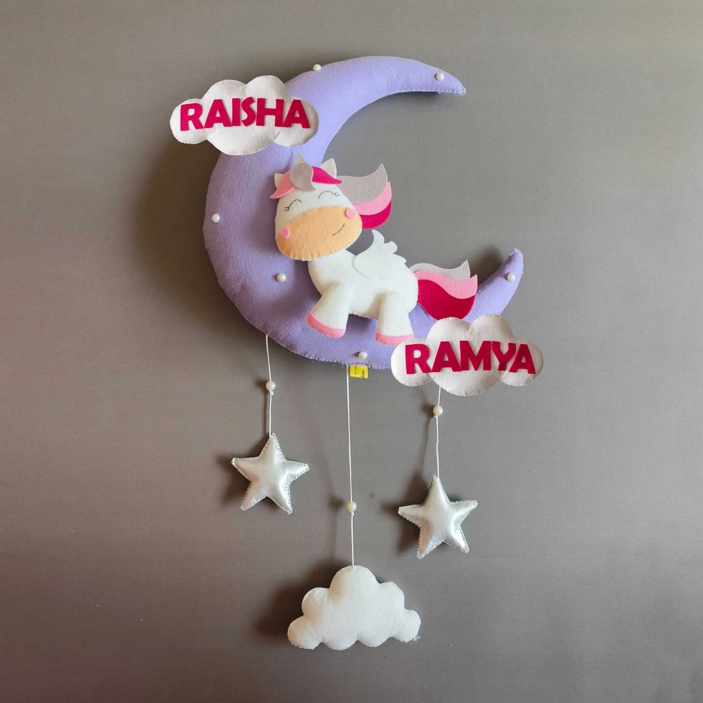 Cute Unicorn on the Moon - Felt Name Plate for Siblings