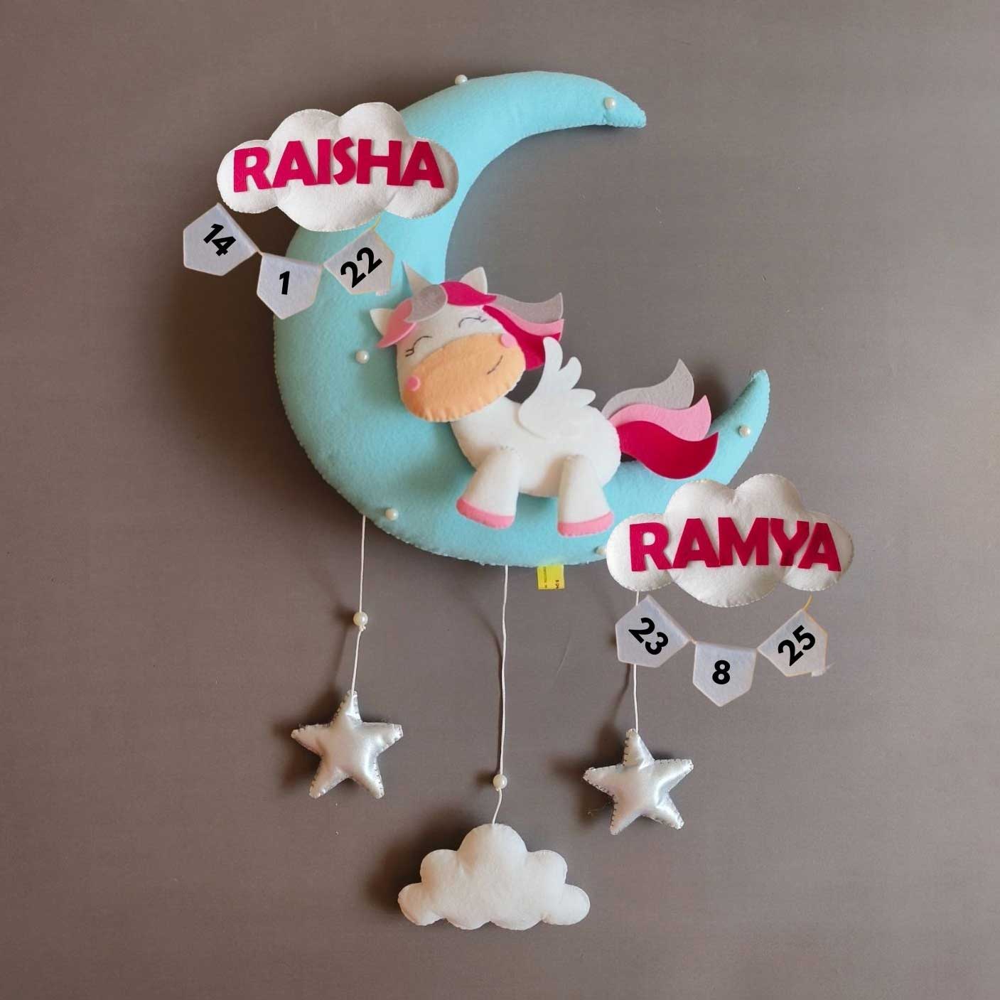 Cute Unicorn on the Moon - Felt Name Plate for Siblings