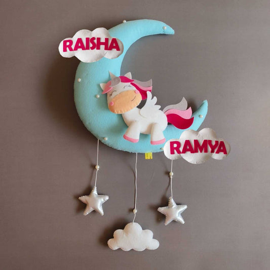 Cute Unicorn on the Moon - Felt Name Plate for Siblings