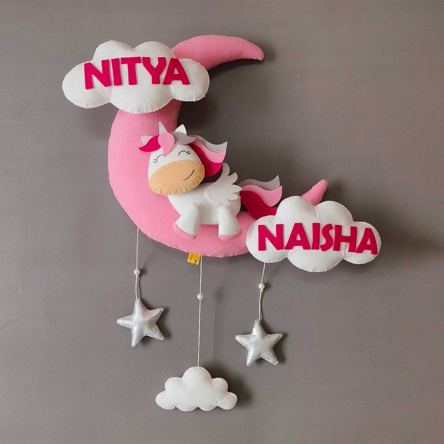 Cute Unicorn on the Moon - Felt Name Plate for Siblings