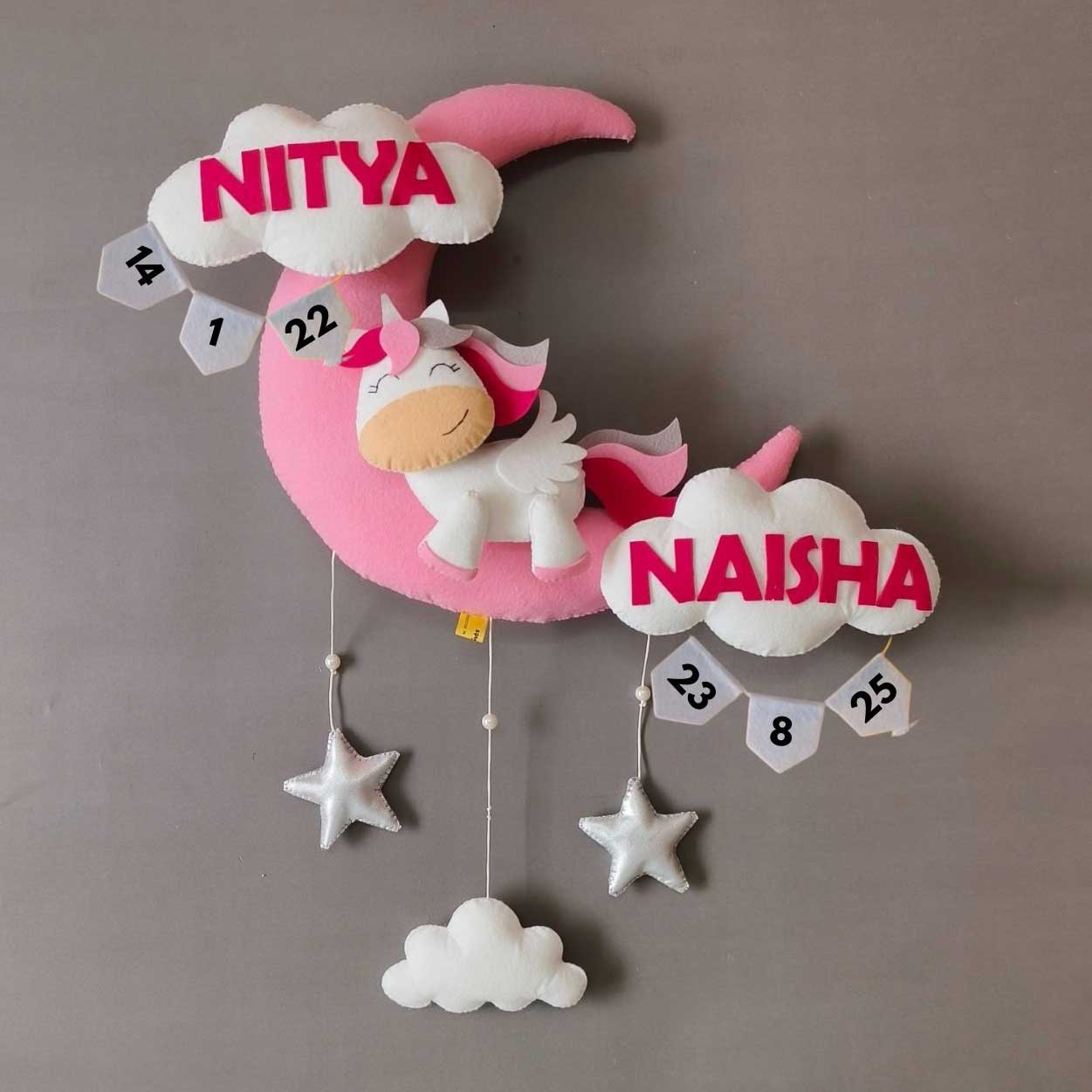 Cute Unicorn on the Moon - Felt Name Plate for Siblings