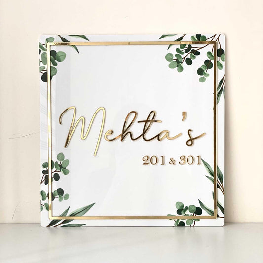 Floral White & Golden Square Nameplate