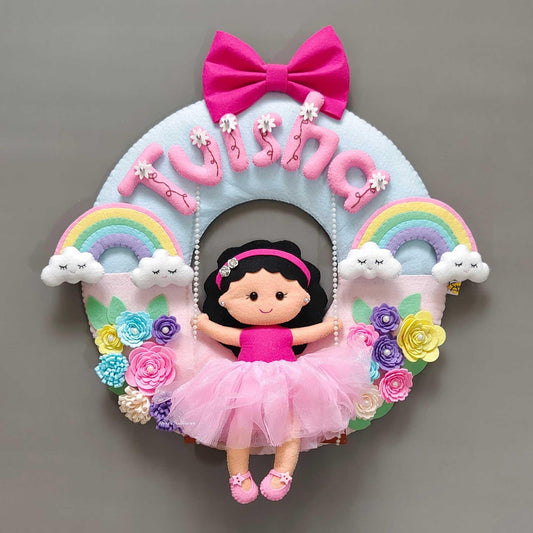 Personalized Felt Name Plate - Girl on Swing with Rainbow