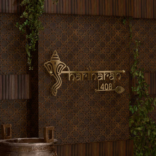 Mirror Gold Stainless Steel Ganesh Nameplate