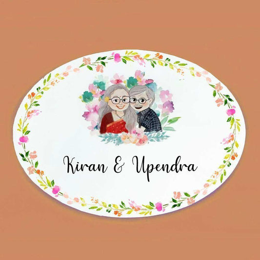 Old Couple - Hand-painted Customized Name Plate - Oval