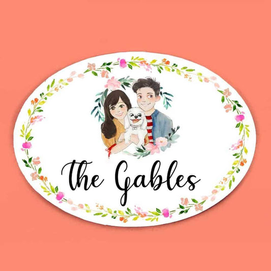 Pet Dog Couple - Hand-painted Customized Name Plate - Oval