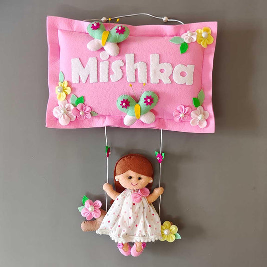 Girl on Swing - Felt Pillow Name Plate for Girls