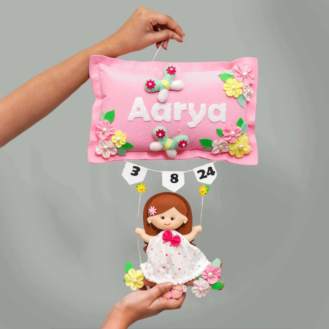 Girl on Swing - Felt Pillow Name Plate for Girls