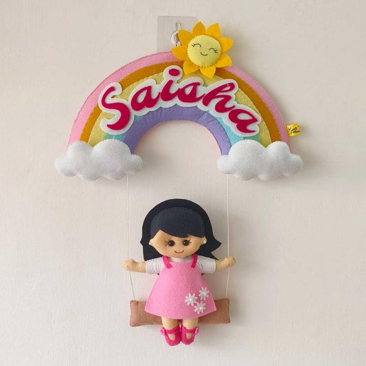 Personalized Felt Name Plate - Rainbow Girl on Swing