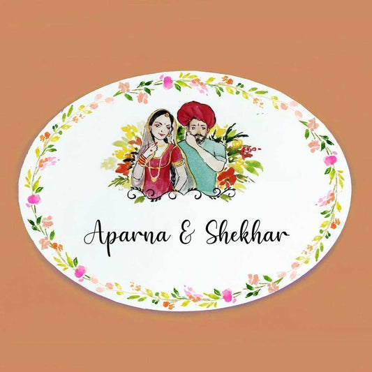 Rajasthani Couple - Hand-painted Customized Name Plate - Oval