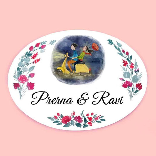 Scooter Couple - Hand-painted Customized Name Plate - Oval