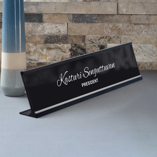 Slimline Classic Desk Name Plate - Black Stand, Black Insert