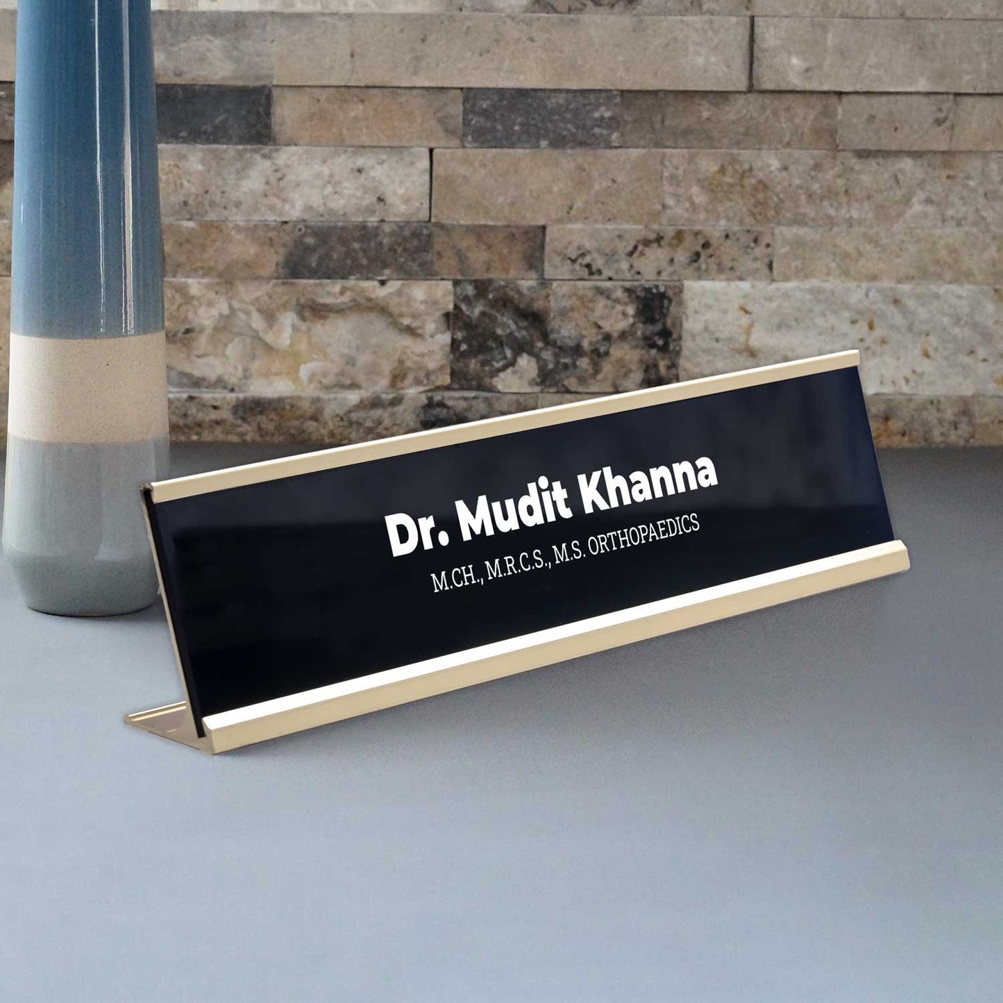 Slimline Classic Desk Name Plate - Gold Stand, Black Insert