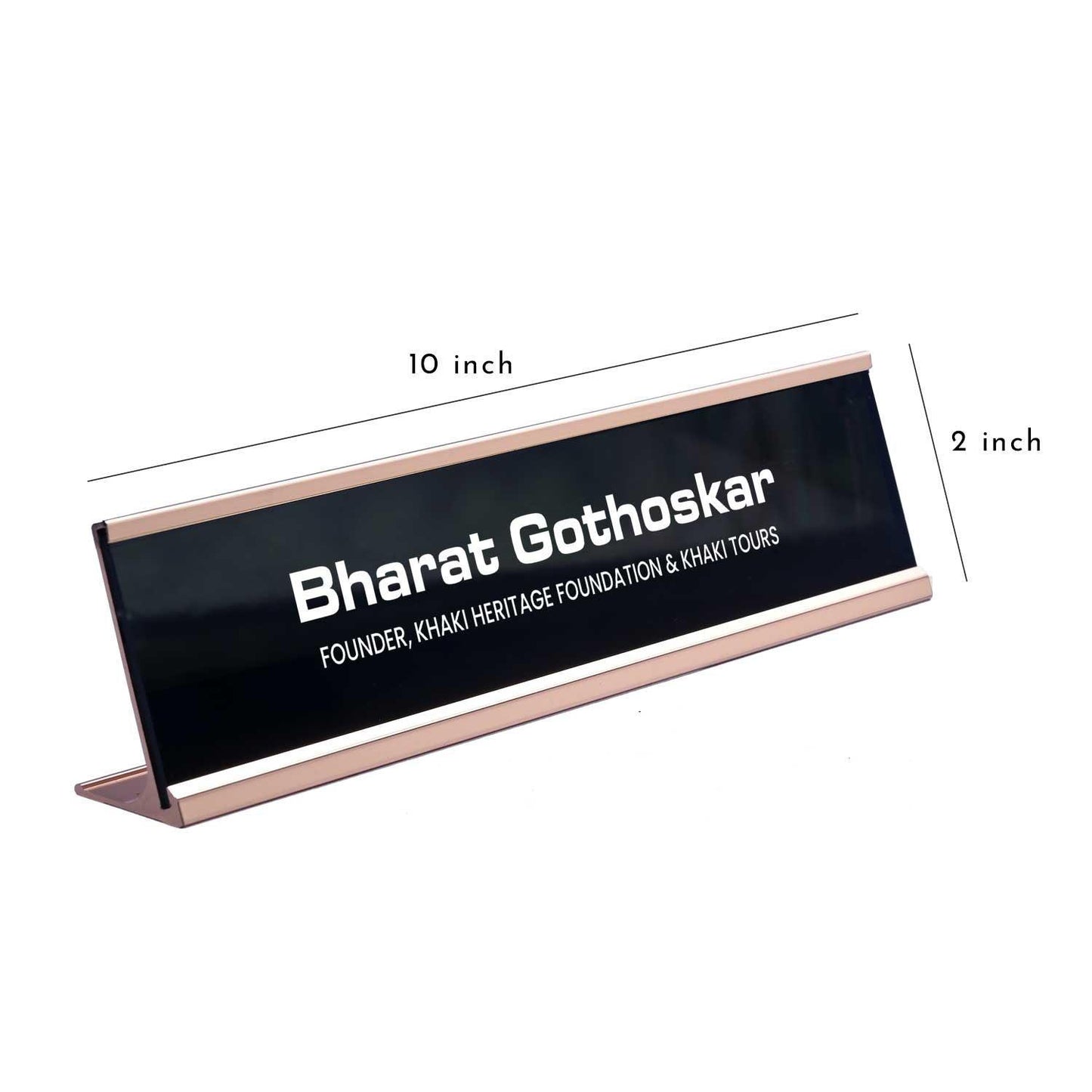 Slimline Classic Desk Name Plate - Rose Gold Stand, Black Insert