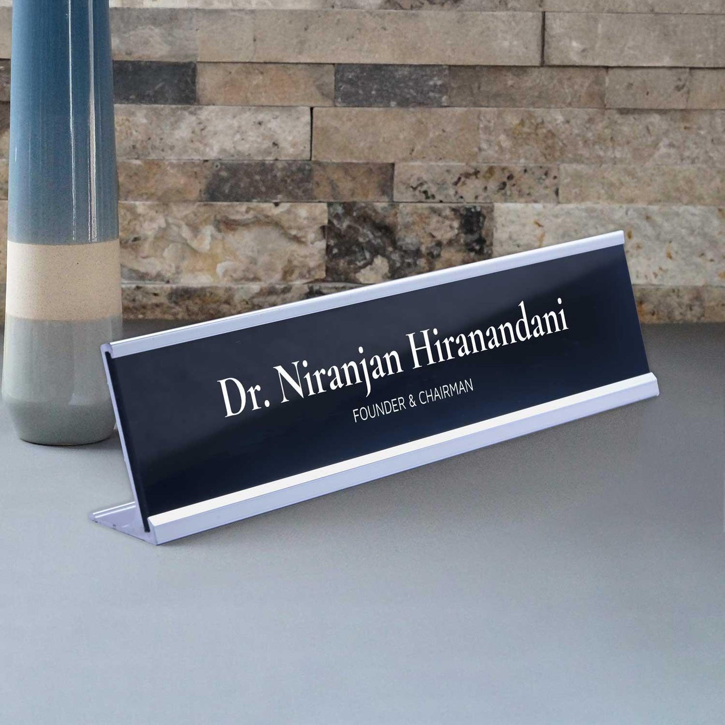 Slimline Classic Desk Name Plate - Silver Stand, Black Insert