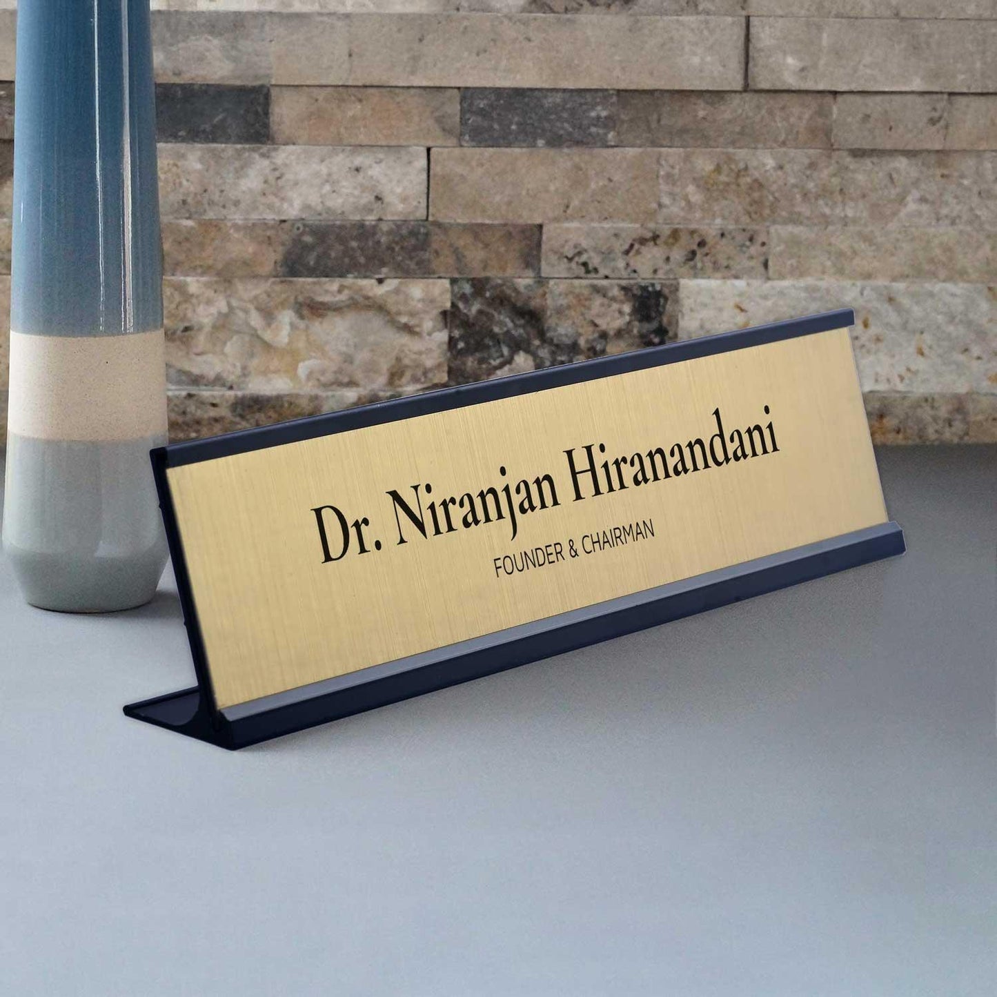 Slimline Classic Desk Name Plate - Black Stand, Gold Insert