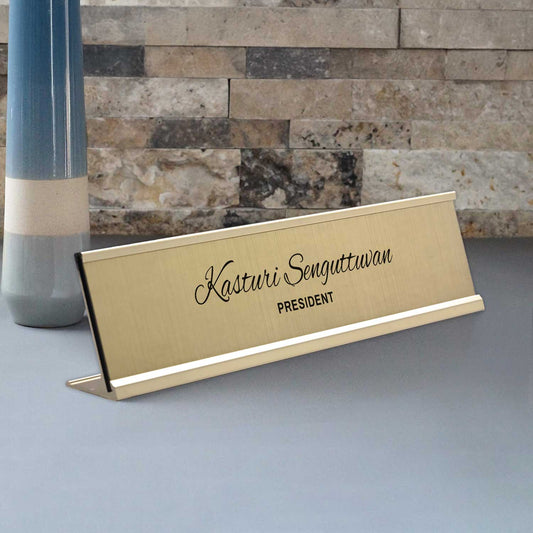 Slimline Classic Desk Name Plate - Gold Stand, Gold Insert