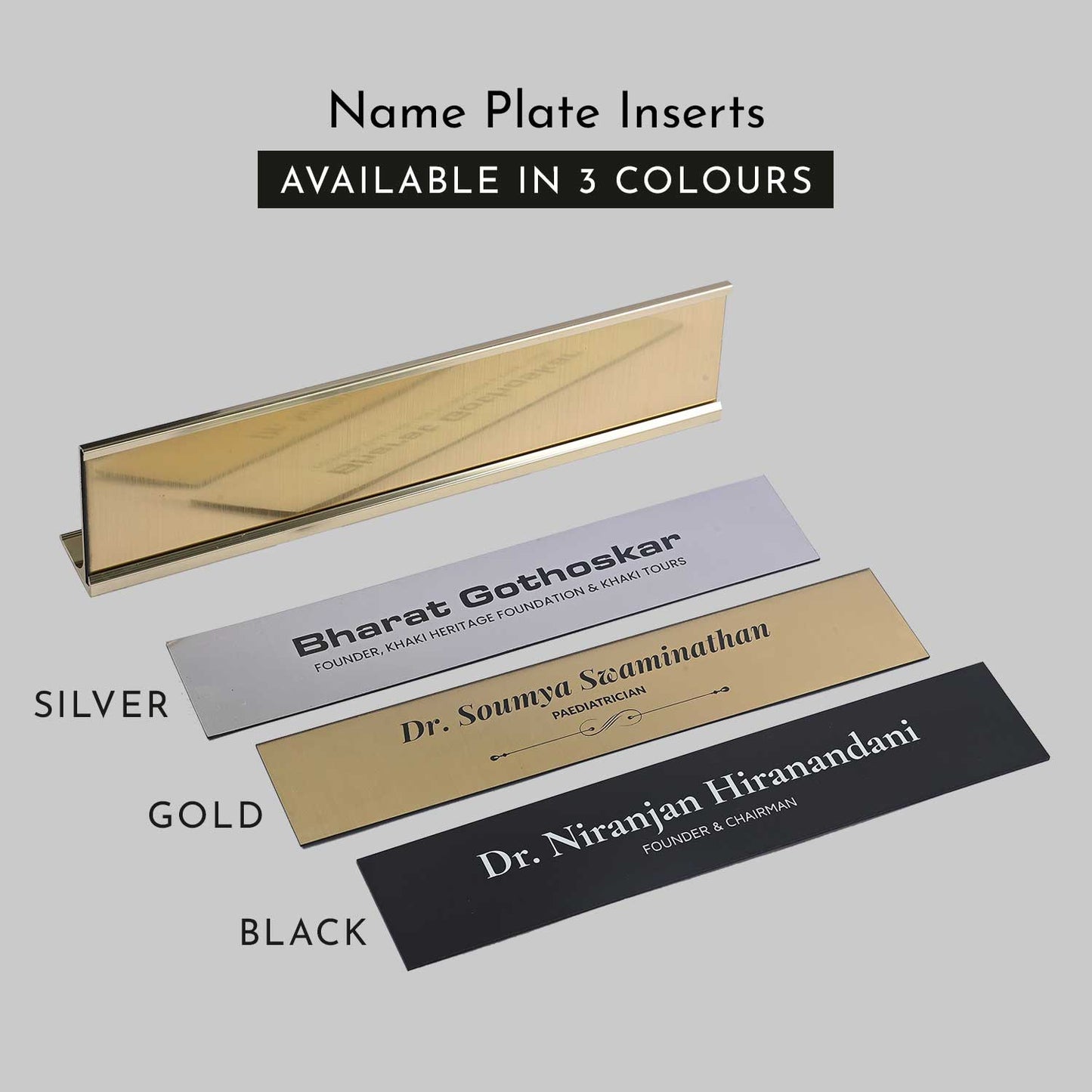 Slimline Classic Desk Name Plate - Gold Stand, Silver Insert