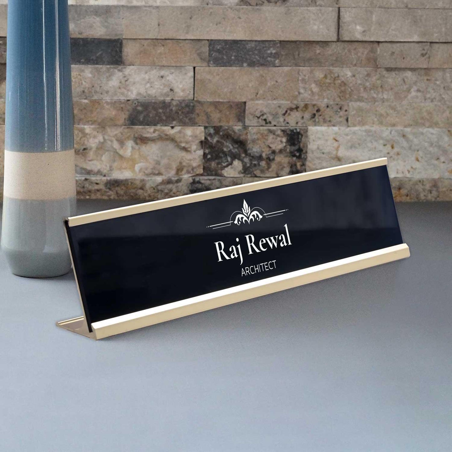 Slimline Royale Desk Name Plate - Gold Stand, Black Insert