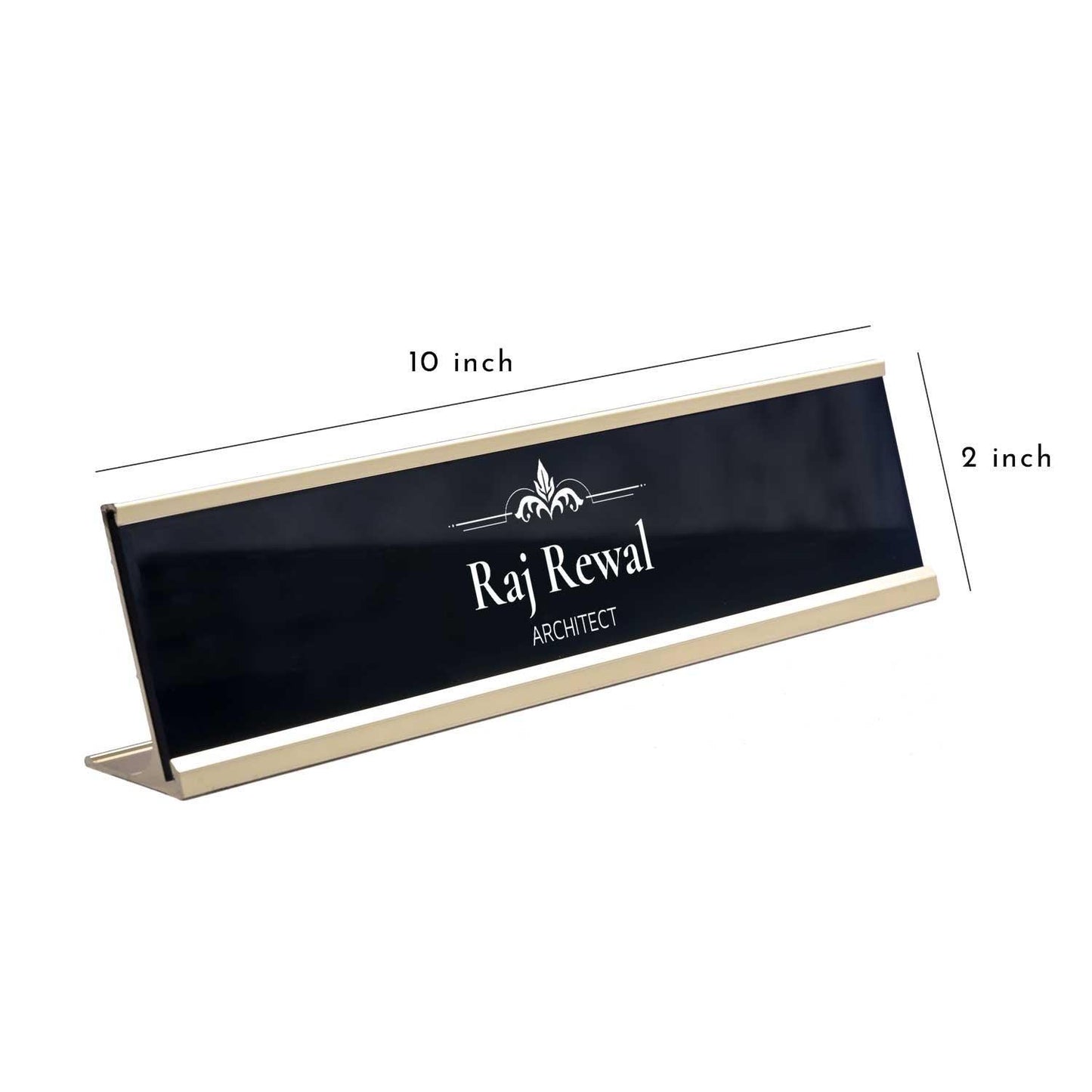 Slimline Royale Desk Name Plate - Gold Stand, Black Insert