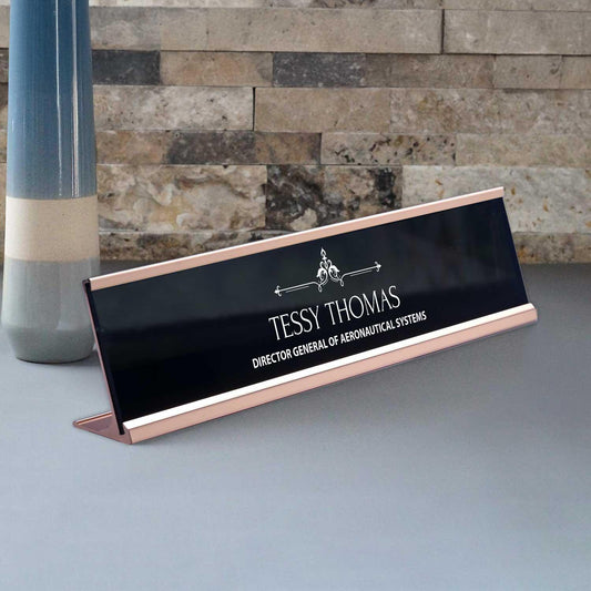 Slimline Royale Desk Name Plate - Rose Gold Stand, Black Insert