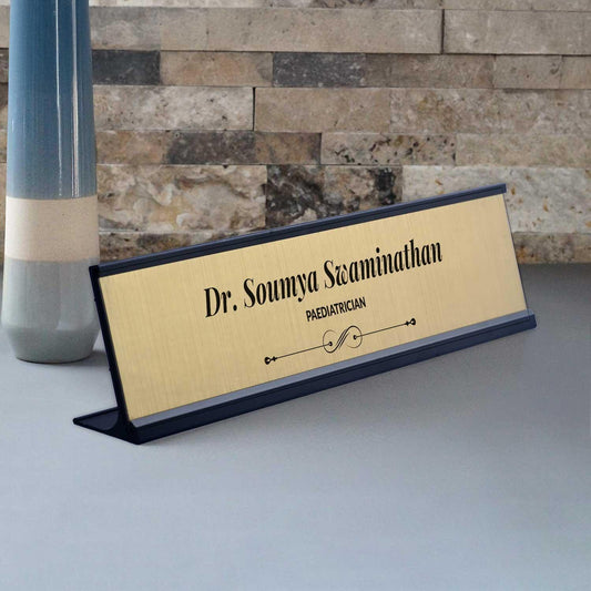 Slimline Royale Desk Name Plate - Black Stand, Gold Insert