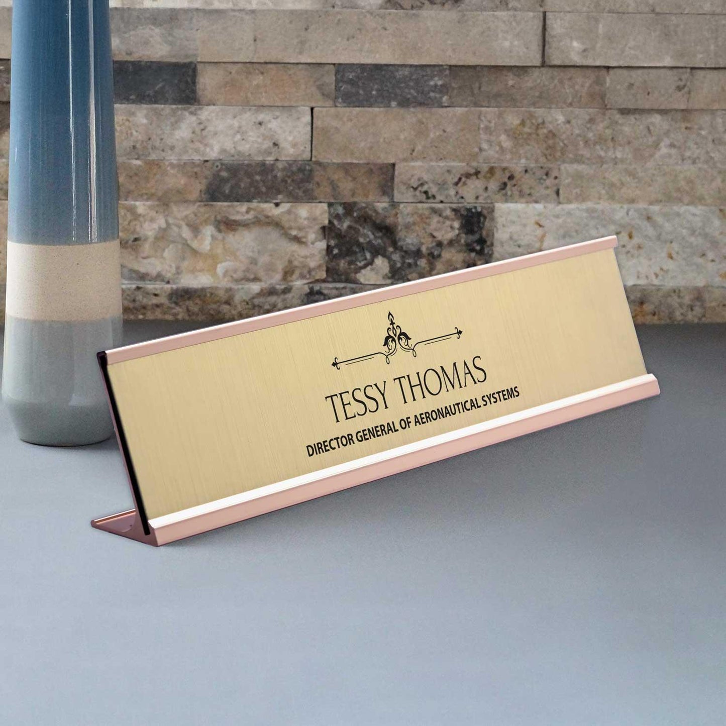 Slimline Royale Desk Name Plate - Rose Gold Stand, Gold Insert