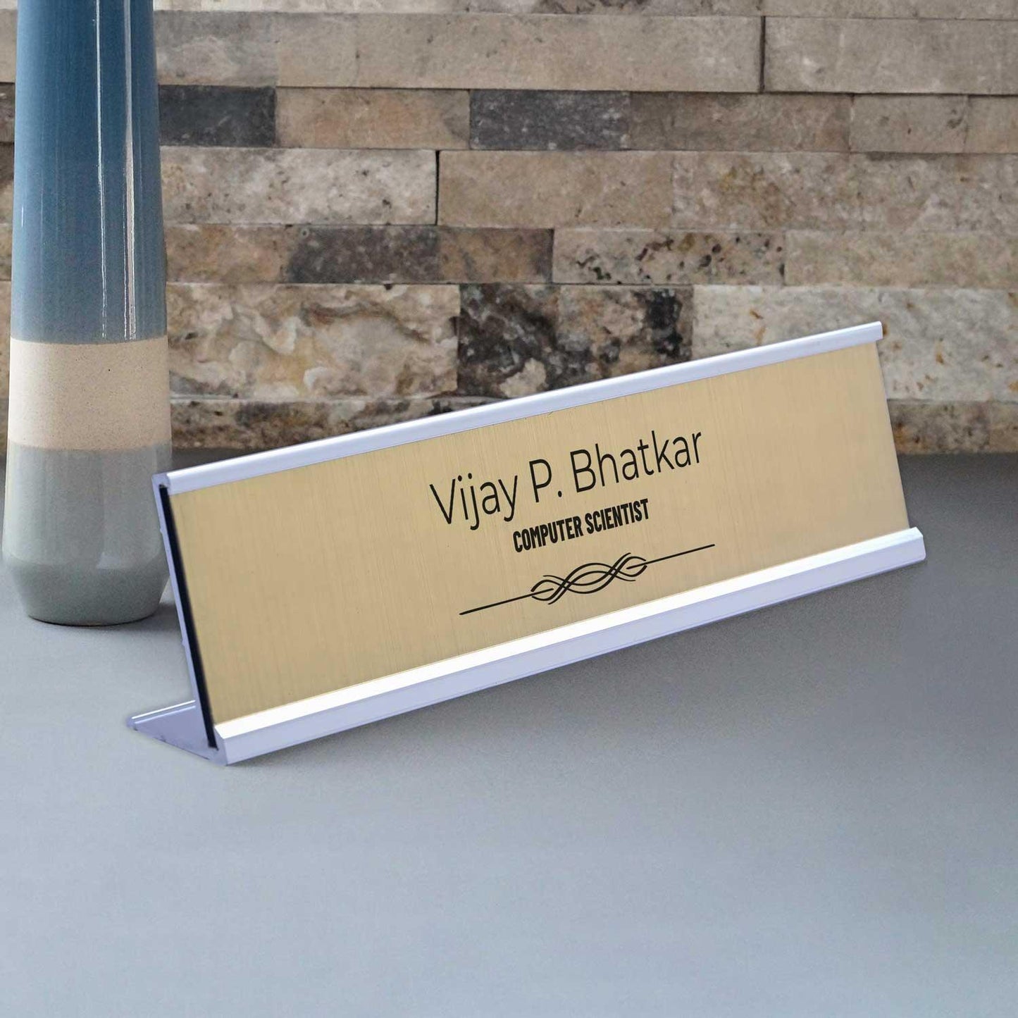 Slimline Royale Desk Name Plate - Silver Stand, Gold Insert