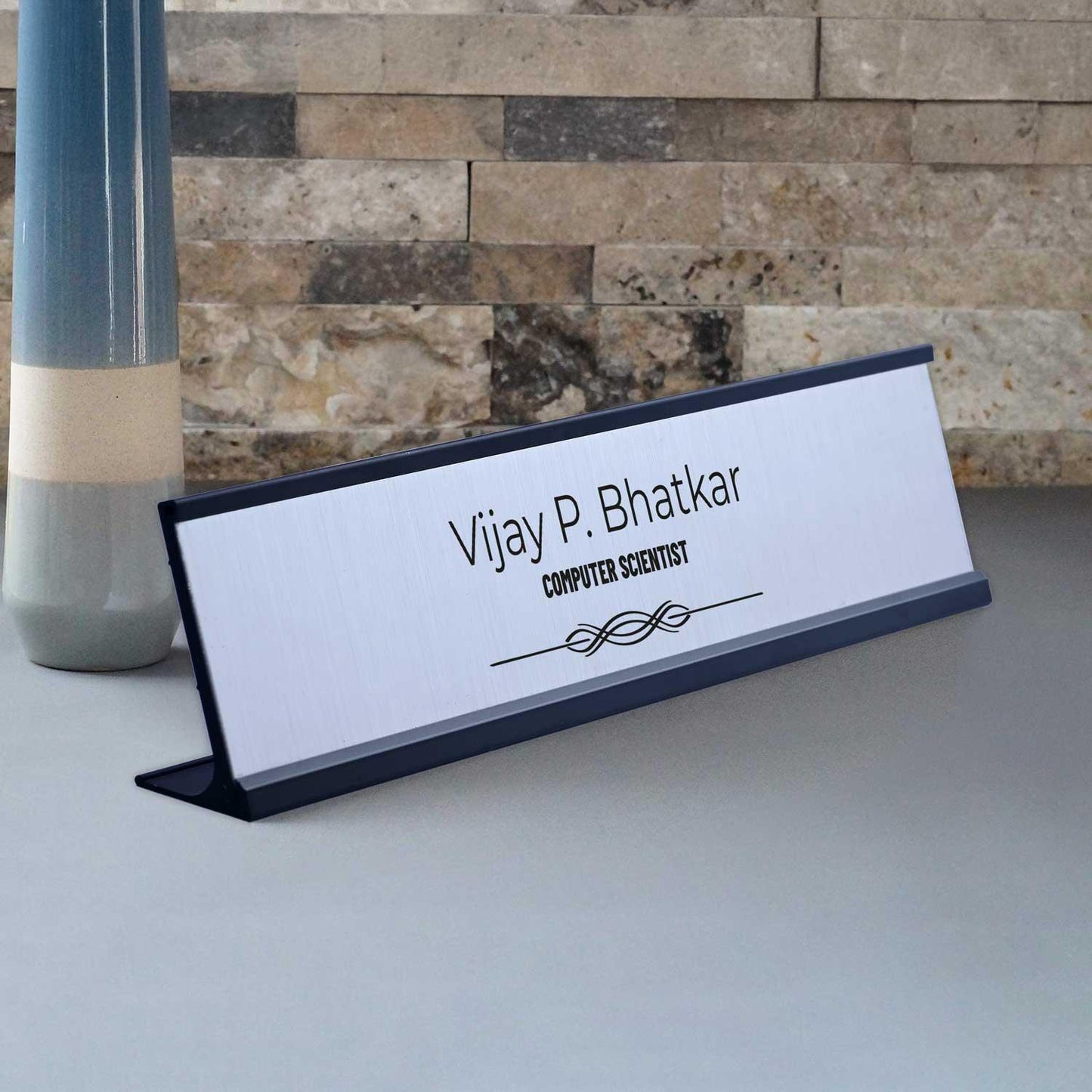 Slimline Royale Desk Name Plate - Black Stand, Silver Insert