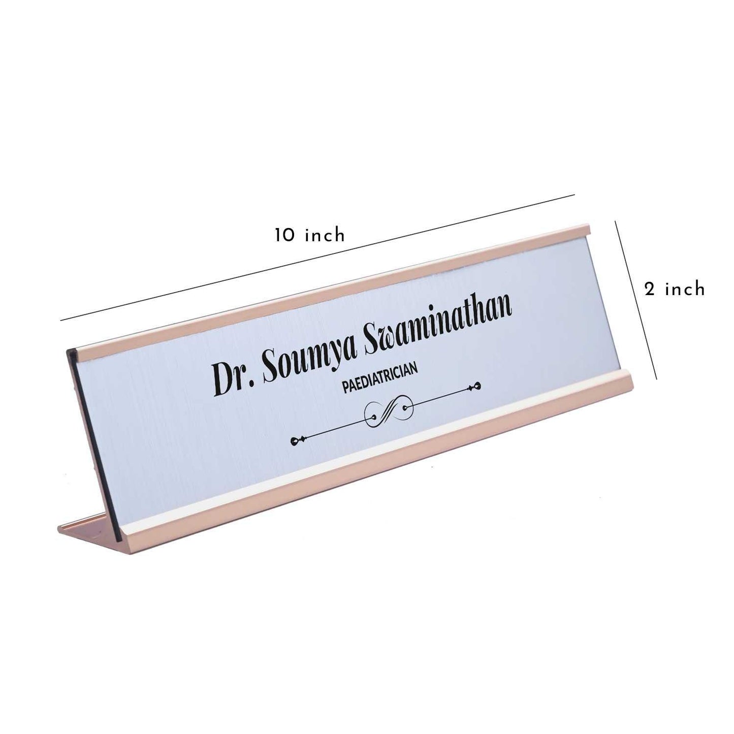 Slimline Royale Desk Name Plate - Rose Gold Stand, Silver Insert