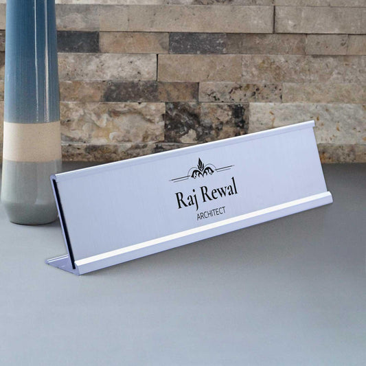 Slimline Royale Desk Name Plate - Silver Stand, Silver Insert