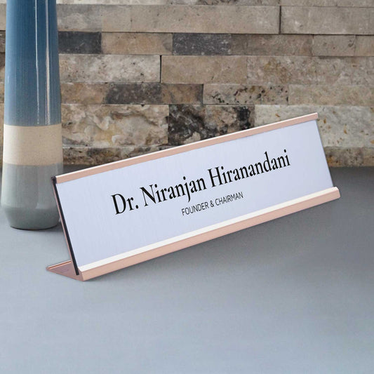 Slimline Classic Desk Name Plate - Rose Gold Stand, Silver Insert