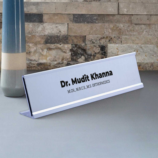 Slimline Classic Desk Name Plate - Silver Stand, Silver Insert