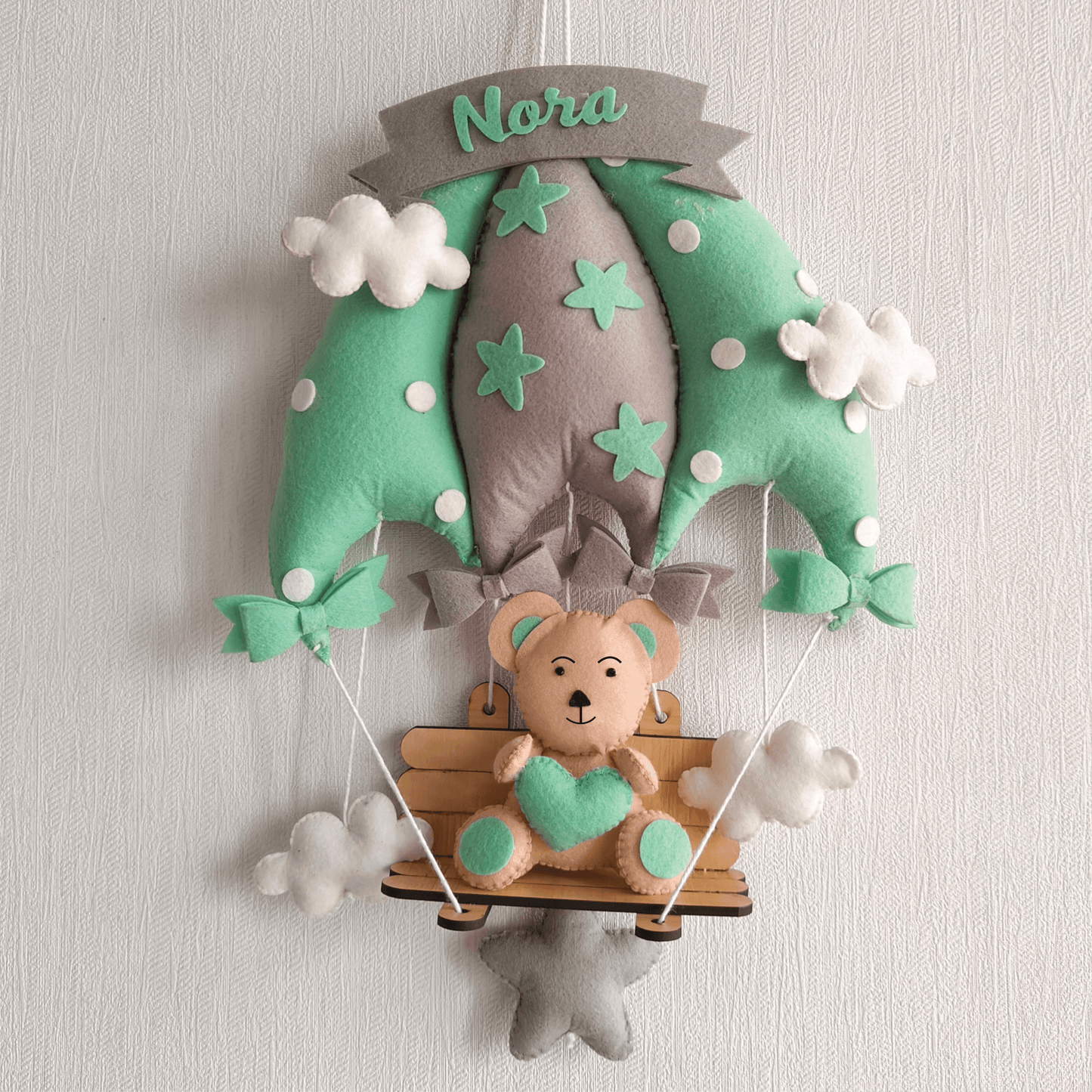 Minty Green Teddy On a Swing Name Hanging