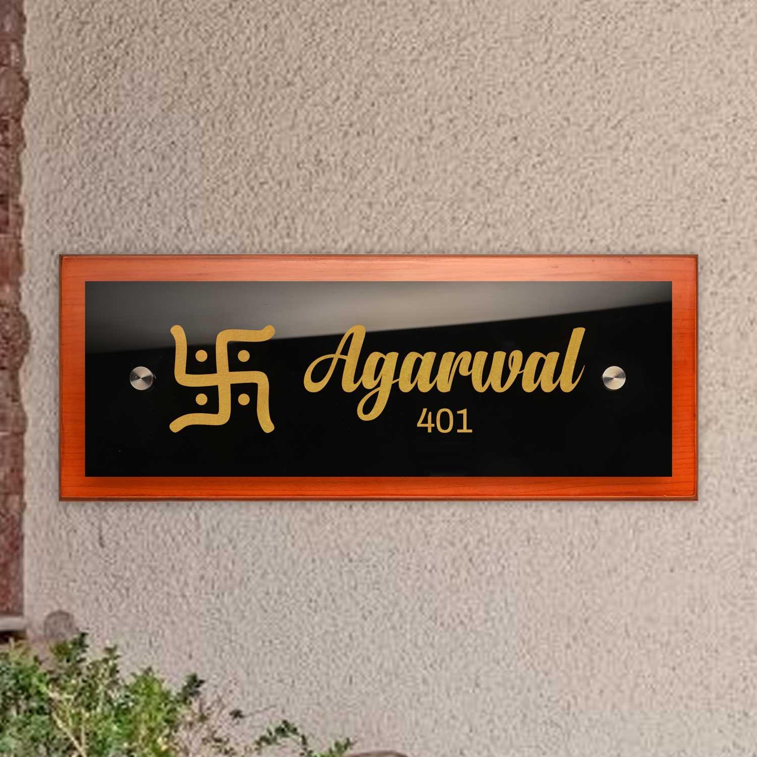 Teak Float Name Plate - Swastika - Housenama