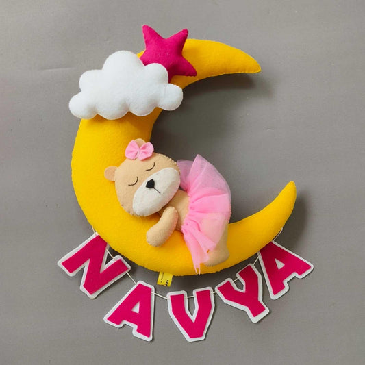 Personalized Felt Name Plate - Sleeping Teddy on the Moon